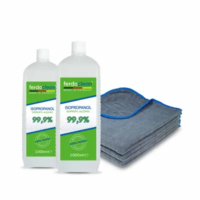 Produktbild von ferdoclean Isopropanol 99,9% 2 x 1L Isopropylalkohol (IPA) 2-Propanol + 3 x Microfasertücher 380GSM 40 x 40 cm blauer Rand