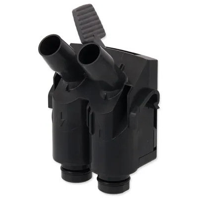 A black plastic adapter with two tubes and a lever, shown against a white background.