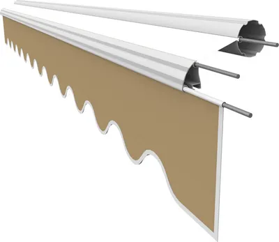 A close-up, angled view of a retractable awning fabric and its support structure against a white background.