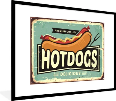 Produktbild von MuchoWow® MuchoWow® Gerahmtes Poster Hotdog - Jahrgang - Illustration 80x60 cm - Poster mit zchwarzem Bilderrahmen - Schlafzimmer-Dekorationen - Fotoposter