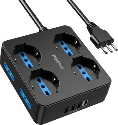 Produktbild von Mehrfachsteckdose mit 4 Steckdosen – Steckdosenleiste mit 4 USB-Anschlüssen und Schalter – Schwarz