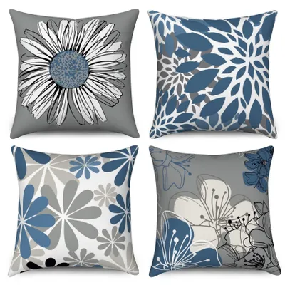 Productafbeelding van Set van 4 Bloemen Kussenslopen - Moderne Decoratieve Kussens Lichtblauw 40 x 40 cm