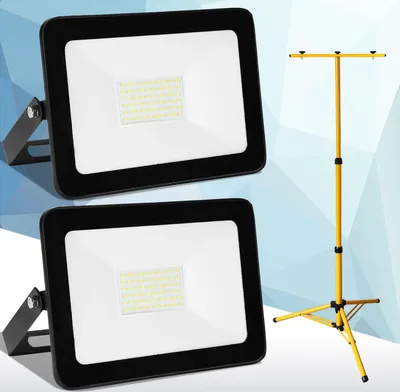 Produktbild von Clanmacy 2x 50W LED Baustrahler Fluter Stativ Flutlicht Scheinwerfer Außenstrahler Arbeitsleuchte Bauscheinwerfer IP66 Wasserdicht Warmweiß