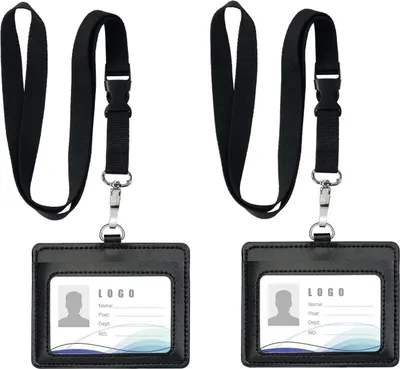 Produktbild von 2 Stück Ausweishüllen für Lanyards, Ausweishülle PolyurethanBand mit Ring für Schlüssel Auswelter Leder für ID Karten Work ID Studentenausweis Büro(Schwarz)