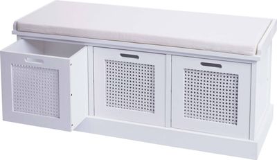 Lavica HWC-J49, čalúnená lavica šatníková lavica, vankúše úložné boxy úložný priestor 47x110x40cm ~ biela, čalúnenie krémovo-biela