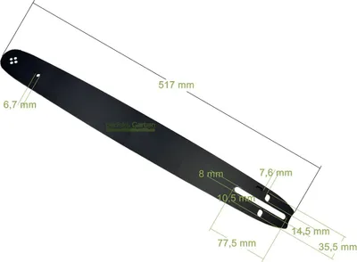 A diagram of a chainsaw bar with dimensions indicated.