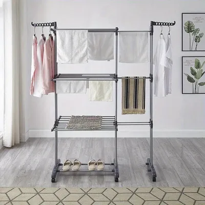 Image de Étagère à linge pliable avec roulettes, étendoir à linge à 4 niveaux pour intérieur et extérieur
