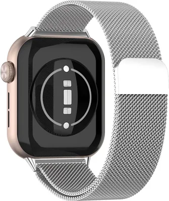 The back of a smartwatch with a silver Milanese loop band.