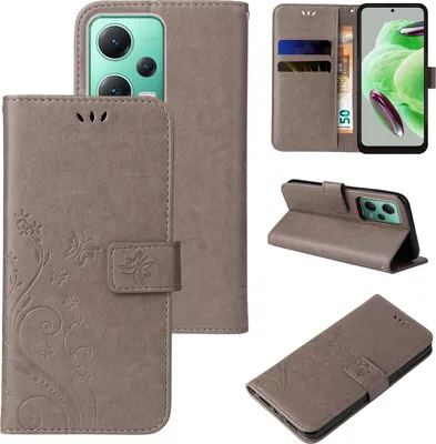 Produktbild von Handyhülle für Xiaomi Redmi Note 12 5G Floral Blumen Schmetterling Flip Cover Hülle Case Klapphülle Handytasche Farbe: Grau