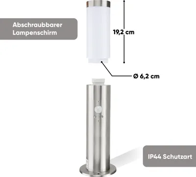Diagram showing dimensions and features of a stainless steel outdoor light fixture.