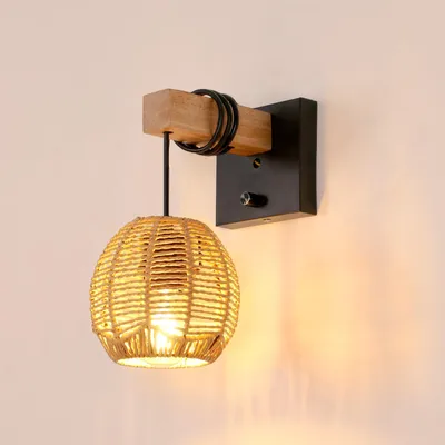 Zdjęcie produktu dla Lampa ścienna Toolight, średnica 14 cm, rattan, owalna, czarna, gwint E27, do przedpokoju i salonu