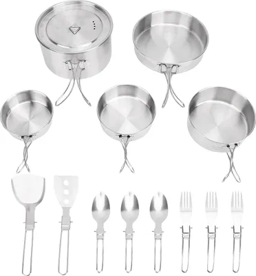 Produktbild von Edelstahl Camping Kochgeschirr Set Faltbarer Griff Tragbares Kochgeschirr Leichtes Kochgeschirr Set für 3 Personen
