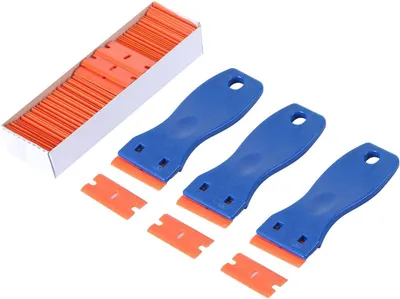 Produktbild von 3-teiliges Set Kunststoff-Rasierklingenschaber mit ergonomischem Griff, 100 nachfüllbare Doppelklingen-Rasierklingen aus Kunststoff, ideal für die Autopflege