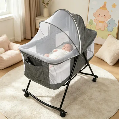 Produktbild von Babywiege Kinderreisebett klappbar Reisebett Kinderbett Babybett Beistellbett Schaukelwiege mit Moskitonetz Grau