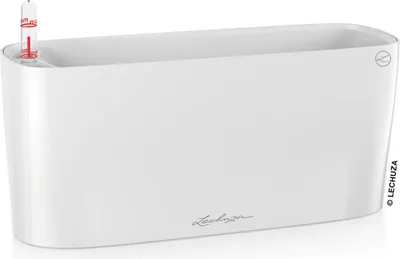 A white rectangular planter with a water level indicator.