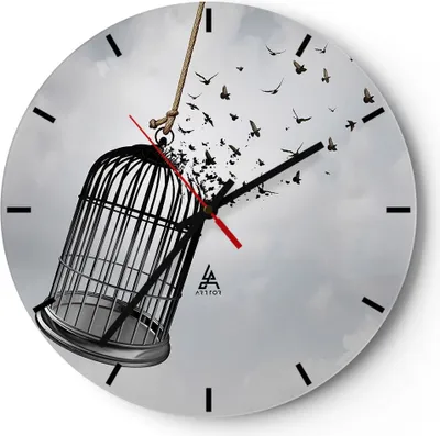 Produktbild von Wanduhr - Rund - Glasuhr - Freiheit Käfig Vögel - 40x40cm - Schleichendes Uhrwerk - Lautlos - zum Aufhängen bereit - Dekoration Modern - Wanddekoration aus Glas - C3AR40x40-4997