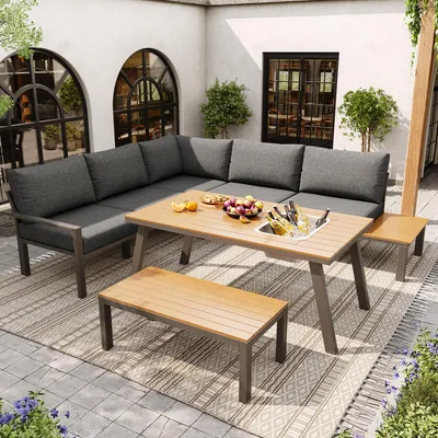 Produktbild von Terrassenmöbel-Set, Garten-Lounge für 6–7 Personen, Terrassen-Sektionalsofas, wetterfestes Sitzset mit Tischen aus verzinktem Eisen, grau