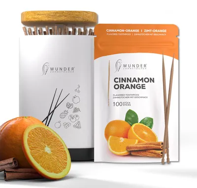 Produktbild von Wunder Zahnstocher - 1x Zimt/Orange Refill Wunderzahnstocher mit Geschmack  + 1 x Zahnstocherspender für deinen Lifestyle