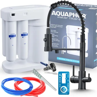 Produktbild von Wasserfilter Set Morion, 3-Wege Küchenarmatur Ari Schwarz matt mit Umkehrosmose, Wasserfilter-Anschluss und Ausziehbrause