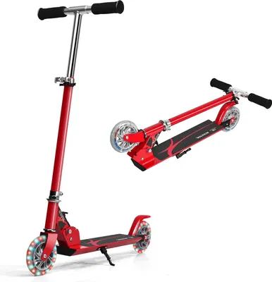 Produktbild von GOPLUS Kinder Roller, klappbar Scooter mit LED Räder, 3-stufig Höhenverstellbare & faltbarem Lenker, Roller für Kinder ab 4-13 Jahren (Rot)