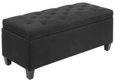Image de Banc de rangement - Banc assise - Coffre de rangement - Banc d'entrée - Espace de rangement - Revêtement noir - Aspect lin en polyester