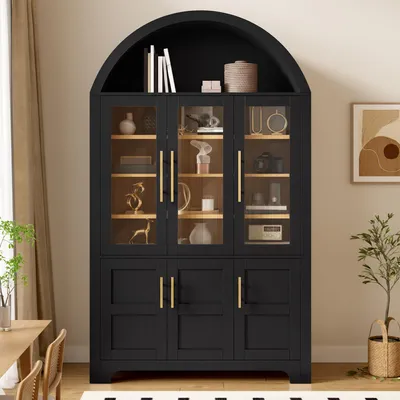 Image de Armoire haute Flieks avec niche en forme d'arc en haut, 3 vitrines en verre, 3 compartiments fermés, buffet de cuisine avec étagères réglables, meuble de rangement, noir