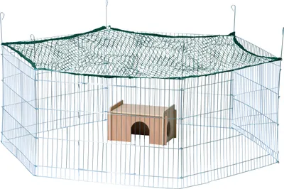 Produktbild von dobar 6-eckiges Freigehege mit Schutznetz und Nagerhaus, Auslauf für Kleintiere, 165 x 145 x 60 cm, Metall