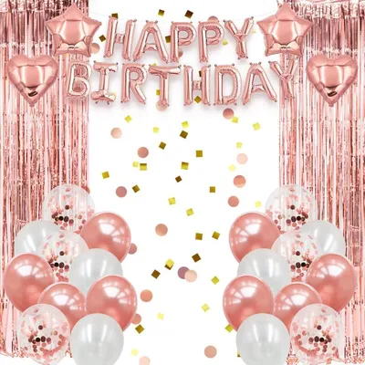 Rosenquarz Happy Birthday Luftballon-Banner mit Stern- und Herzballons, Rosenquarz-Folienvorhängen und einer Mischung aus Rosenquarz, weißen und Konfetti-Luftballons
