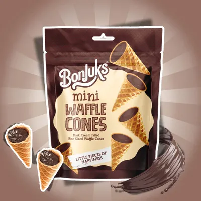 Produktbild von Bonjuks Mini Waffle Cones Dark 50 g – Mini Waffelhörnchen mit Zartbitterschokolade