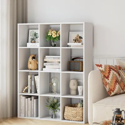 Zdjęcie produktu dla Biała regału na książki, 120 cm, 12 otwartych półek, wymiary: 91 x 29 x 120 cm