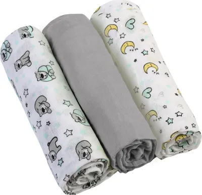Three rolled-up baby blankets are displayed diagonally against a white background. Two of the blankets have a pattern of koala bears and stars, while the middle blanket is a solid gray.