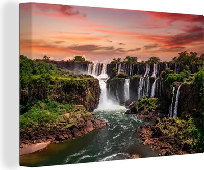 Produktbild von MuchoWow® - Leinwandbilder - Wasserfälle mit Bäumen - Sonnenuntergang - Orange, Wandbild, Wanddeko Bilder Wohnzimmer, 120x80 cm
