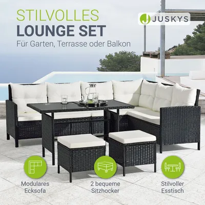 Produktbild von Juskys Polyrattan Lounge Manacor - Sofa, Tisch, Hocker & Kissen - Schwarz & Creme