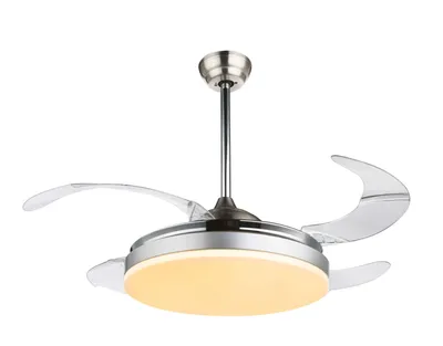 Produktbild von Globo Lighting Ventilator Metall Nickel matt, verchromt, Acryl opal, Acryl klar, Farben fixierbar, Memoryfunktion, Fernbedienung, Batterie inkludiert 2x AAA,, max. Motorleistung 60W, optimale Raumnutzung 20m², Abkühlung, Geschwindigkeitsstufen 180/215/240 RPM, ø: 1000mm, H: 625mm, inkl. LED 36W 230V, 3600lm Source, 2180lm Output, CCT 3000/4000/6000K, zusätzliche Daten: Flügel einklappbar