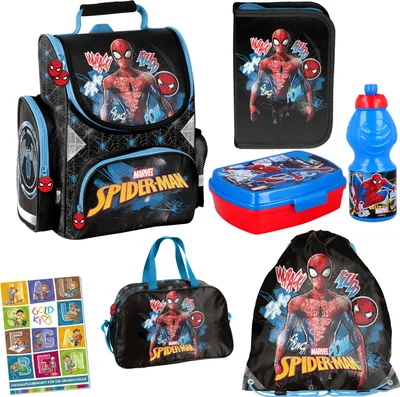 Produktbild von Spiderman Schulranzen ergonomischer Ranzen Federmappe Turnbeutel Sporttasche Brotdose Trinkflasche Aufgabenheft für die Grundschule 7er Set Lizenzartikel Marvel Spiderman Spider-man