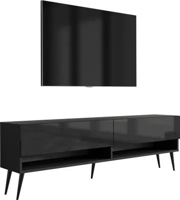 Obrázek produktu pro TV dolní skříňka 170 cm matná černá / lesklá černá, černé šikmé nohy, 170 × 32 × 52 cm