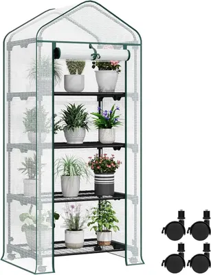 Obrázek produktu pro Folieový skleník na kolečkách se 4 policemi | Bílá, zelená | 70 x 50 x 163 cm