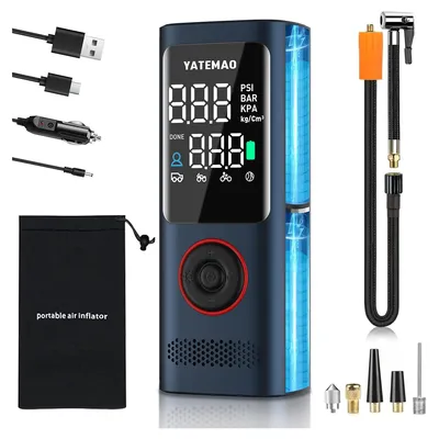 Produktbild von Reifenfüller, tragbarer Luftkompressor mit Druckmesser und LED-Licht, 150 PSI kabellose Mini-Fahrradreifenpumpe für Auto, Motorrad, Fahrrad, Ball