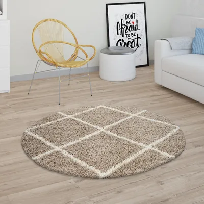 Produktbild von Hochflor Teppich Wohnzimmer Shaggy Skandinavisches Rauten Muster Modern In Beige Grösse Ø 120 cm Rund