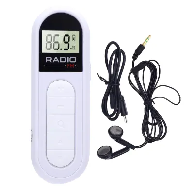Obrázok produktu pre Prenosné FM rádio, LCD displej, dobíjateľné, digitálne ladenie, so slúchadlami a klipom na chrbát, na doma, do prírody, na cesty a pre prípad núdze - biele