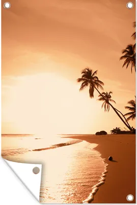 Produktbild von MuchoWow® 40x60 cm Outdoor-Poster Gartendeko Sichtschutz Garten Poster für den Garten  Sonnenuntergang - Tropisch - Palme - Strand - Meer