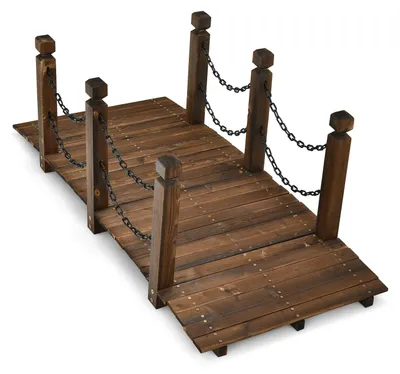 Produktbild von KOMFOTTEU Gartenbrücke, Holzbrücke mit Geländern & Ketten, Dunkelbraun