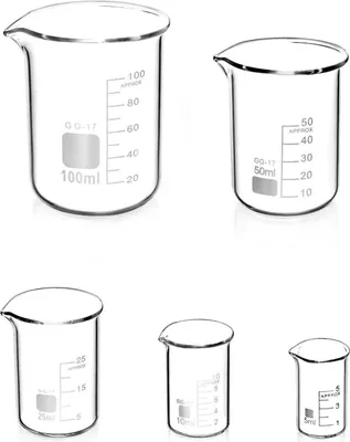 A set of five glass beakers of varying sizes arranged on a white background.