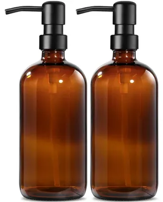 Immagine prodotto di Distributore di sapone in vetro marrone, capacità 500 ml, pompa in acciaio inossidabile, set da 2, ideale per cucina, bagno e doccia