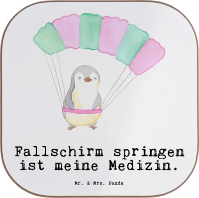 Produktbild von Mr. & Mrs. Panda Quadratischer Untersetzer Pinguin Fallschirm springen - Weiß - Geschenk, Fallschirmsprung, Glas, Holzuntersetzer, bieruntersetzer, Tasse, Skydive