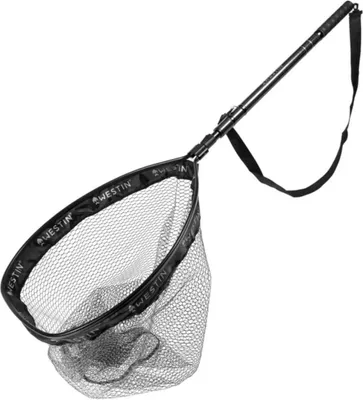 A black fishing net with a telescopic handle against a white background.