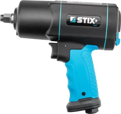 A black and blue pneumatic impact wrench is shown against a white background.