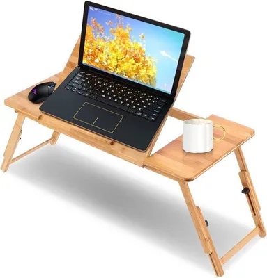 Produktbild von Höhenverstellbarer Klappbarer Bambus Laptop Tisch mit Schublade