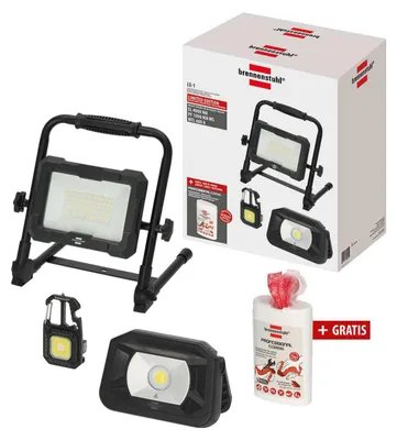 Produktbild von Brennenstuhl Licht-Set 4-teilig LED-Arbeitsleuchten-Set mit Baustrahler, Akku-Arbeitsleuchte, 6-in-1 LED-Taschenlampe und Gratis Reinigungstüchern