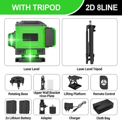 Zdjęcie produktu dla Laser liniowy – 12 linii – samonivelujący 4° – zielony 505–520 nm – dokładność ±3 mm/10 m – zasięg 20 m/60 m z odbiornikiem – IP54 – statyw + torba